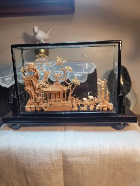 Vintage Japanese Carved Pagoda Cork In Glass Shadow Box