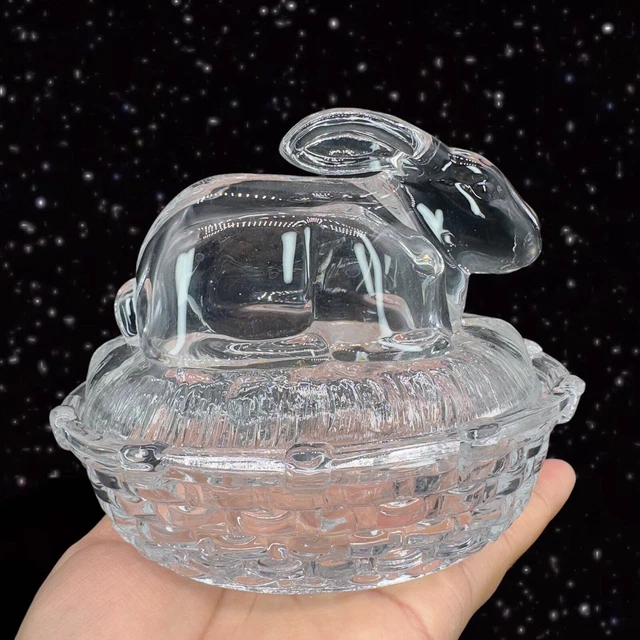 Clear Bunny Rabbit on a Nest Basket Clear Glass Covered Trinket Candy Dish VTG