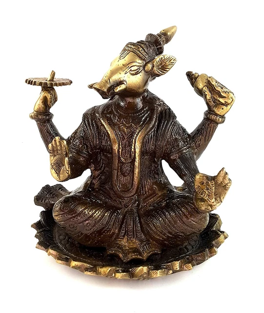 Statue Laiton Lord Vishnu Et Narsimha - Artv - Figurine Religieuse Dorée - Pooja
