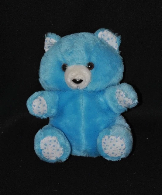 Peluche doudou ours bleu blanc fleurs imprimées yeux & nez durs 20 cm assis TTBE