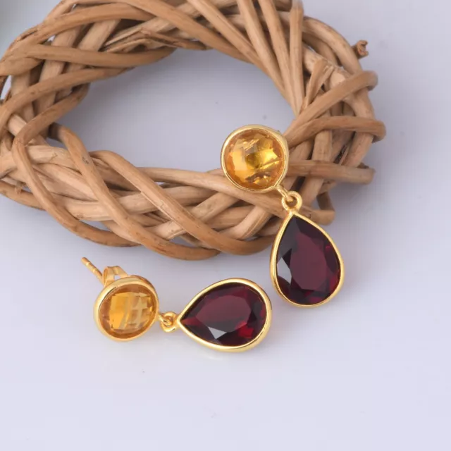 2 Stone Earrings Yellow Gold Plated Red Garnet And Citrine Dangle Drop Earring