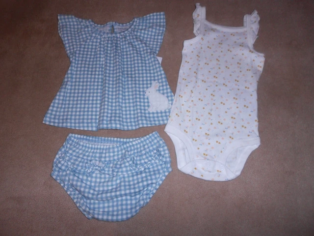 New, Baby Girls 3 Piece Set, Carters Child Of Mine, Bunny Dress, Size 6-9 Months