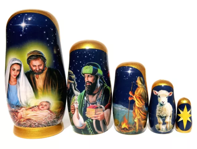 Nativity 5 PC Russian Style Nesting Dolls, Stacking Toy Jesus Nativity Egg Set 2