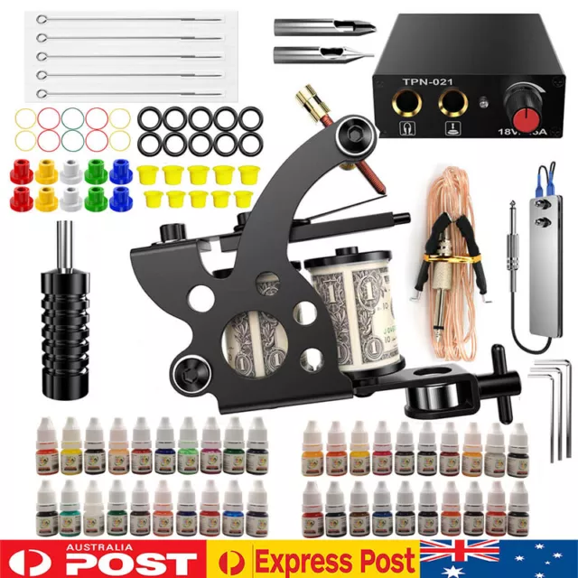 Beginner Tattoo Kit Set Machine Gun 40 Color Ink Power Supply Needles Cup Grip