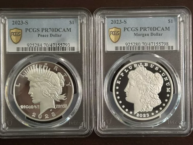 2023-S Proof $1 Morgan and Peace Silver Dollar 2pc Set PCGS PR70DCAM Gold Shield