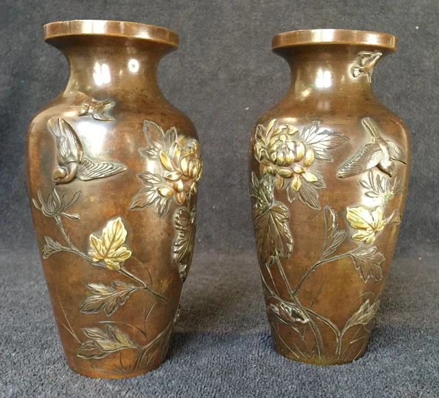 Paire de petits vases japonais XIXe Oiseaux Chrysanthème