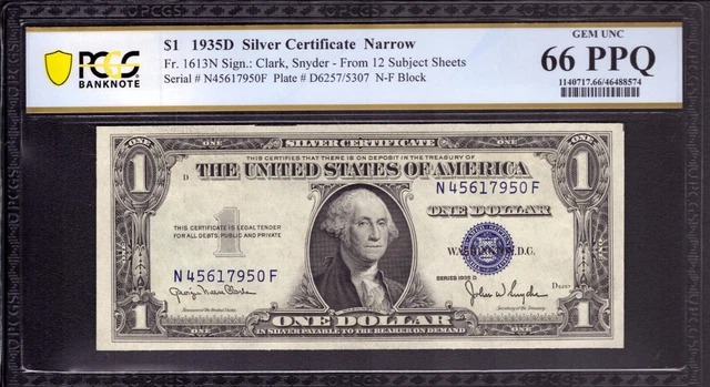 1935 D $1 SILVER CERTIFICATE NARROW NOTE FR.1613n NF BLOCK PCGS B GEM UNC 66 EPQ