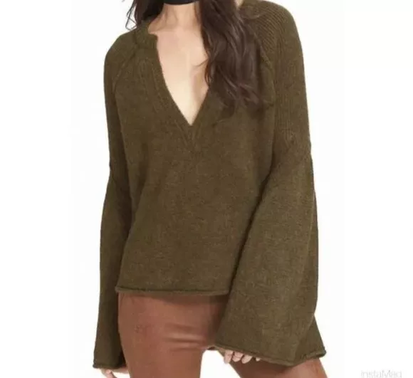 FREE PEOPLE Lovely Lines Bell Sleeve Sweater In Dark  Olive Size XS