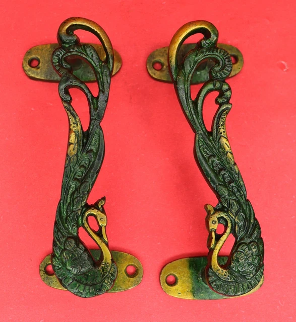 Peacock Design Pull Knob Antique Vintage Finish Brass Handmade Door Handle Pair