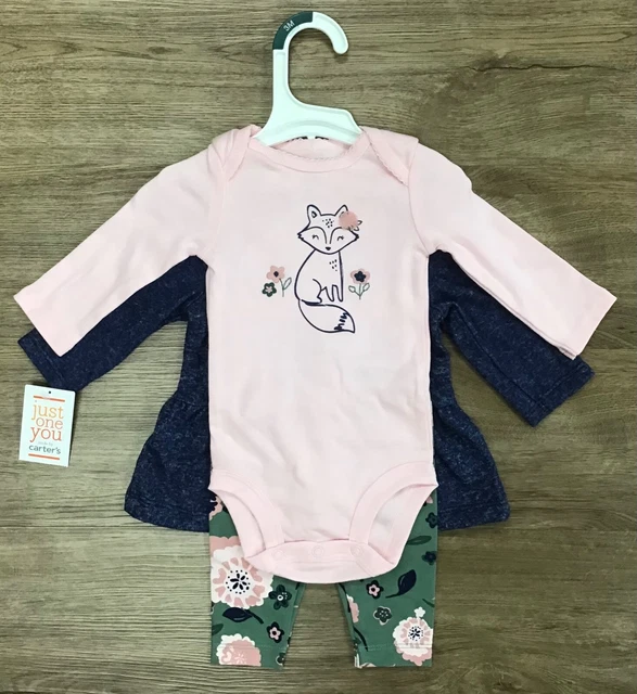 Infant Baby Girls 3 Months 3-piece Long Sleeve Outfit Pink Fox Floral Carter’s