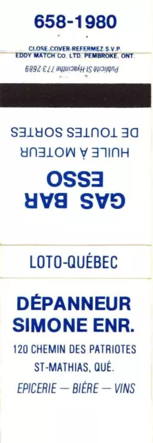 Quebec Canada Simone Enr. Convenience Store Gas Bar Esso Vintage Matchbook Cover