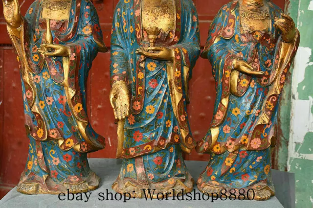 24" Chinese Cloisonne Bronze Gilt Shakyamuni Amitabha Buddha Kwan-yin Statue Set 3