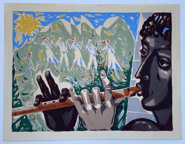 Shraga Weil Silkscreen Flute Player & Dancers Sun 1955 Mid Century Modernism Art