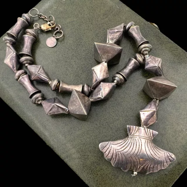 Antico Deco Vintage Stile Argento Sterling Collina Tribe Grande Perlina Collana