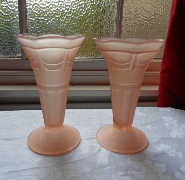 Lovely Sowerby  Pair Of Art Deco Opaque Frosted Pink Glass Vases