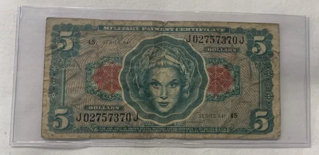 Vintage $5 Military Payment Certicate PMC Series 641 Circulated Note Has Hole