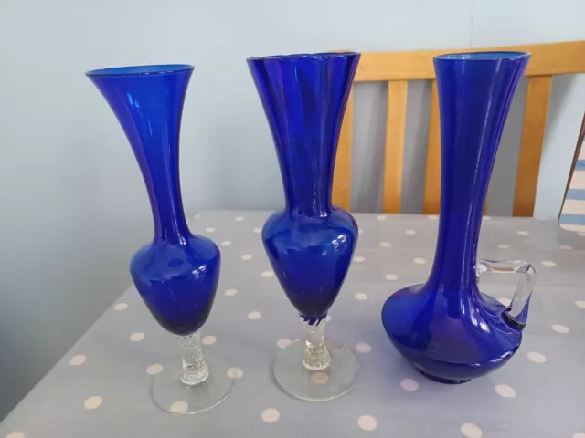 Vintage 1960s Colbalt Blue Glass Bud Vases (3)