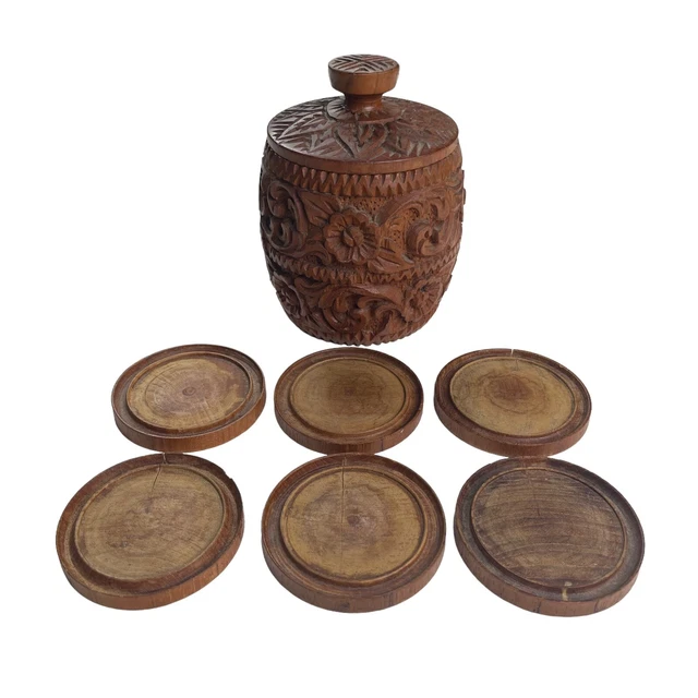 Vintage Wood Hand Carved Jar  With 6 Coasters Inside 6” H X 5” W