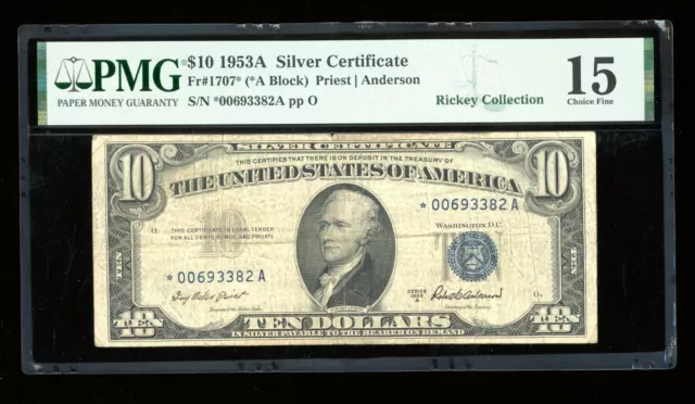 DBR 1953-A $10 Silver STAR Fr. 1707* PMG 15 Serial *00693382A