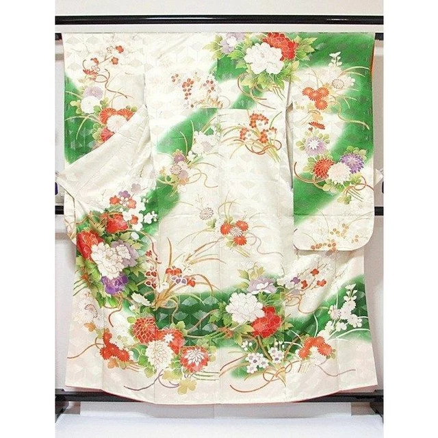 Luxurious Japanese Furisode Pure Silk Kimono Embroidery Peony Four Seasons