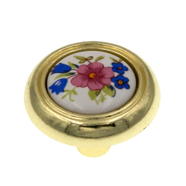 Amerock BP76244-FW3 Bright Brass Knob Pull with White Floral Ceramic Center