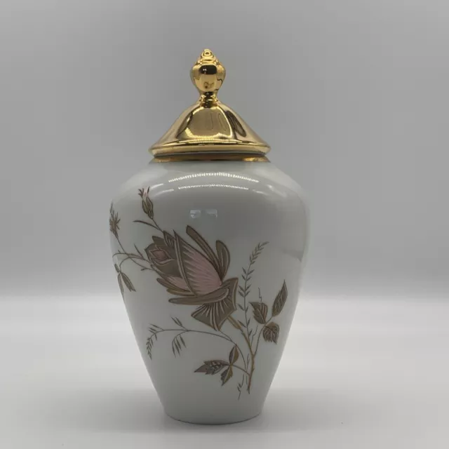 Johann Seltmann Vohenstrauss Bavaria Lidded Vase Floral with Gold Lid and Trim