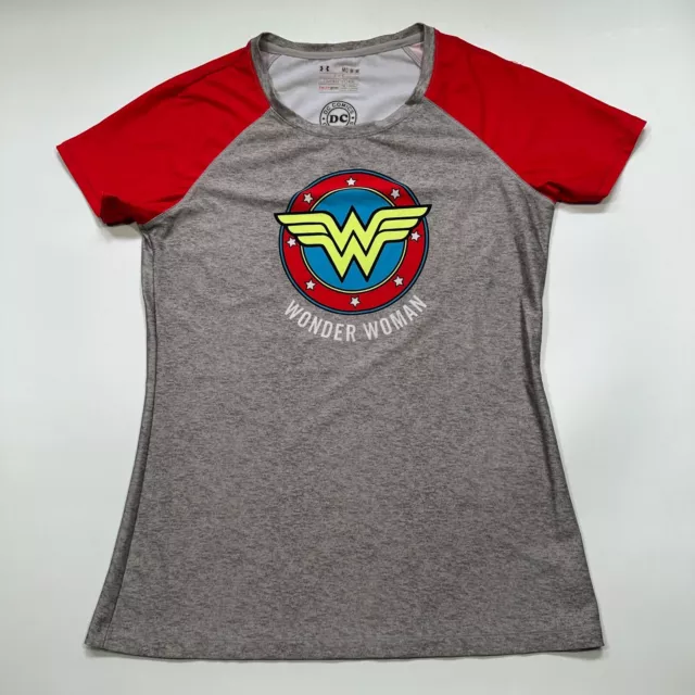 Under Armour Wonder Woman Shirt Womens Size M Gray Red Fitted HeatGear DC Comics