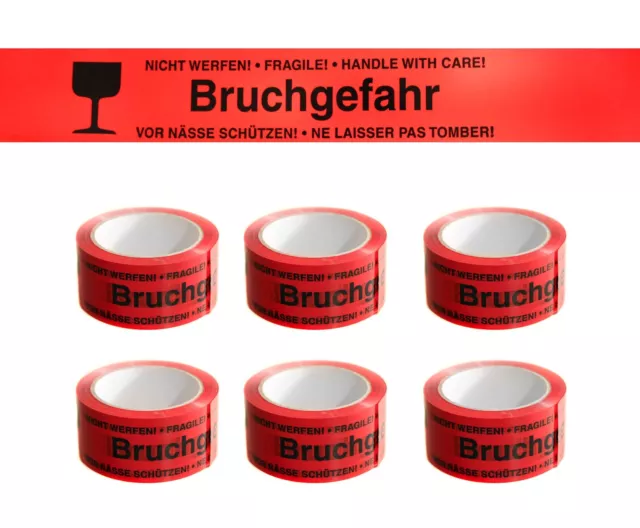 Paket Warn-Klebeband Bruchgefahr o. Vorsicht Glas 50mm x 66m rot Packband leise