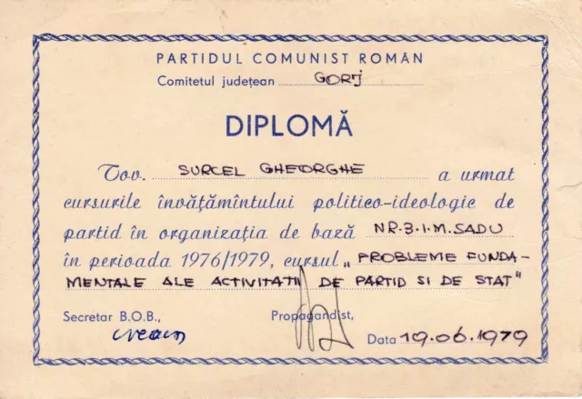 Romania, 1979, Vintage Communist Party Graduation Diploma - PCR, Gorj