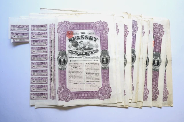 Spassky Copper Mines Limited Action De £1 Sterling 1912 1913 X 12 Actions