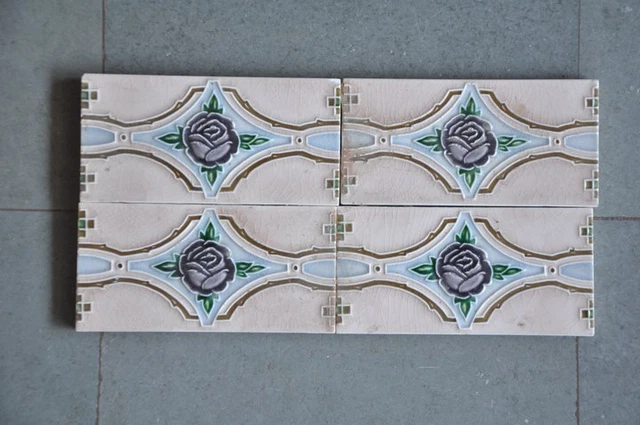4 Pc Vintage Flower Majolica Decorative Art Nouveau Architecture Tiles,Japan