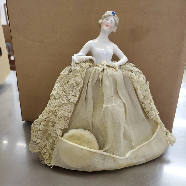 Antique Blonde Half Doll on Wire Frame Base with Powder Puff