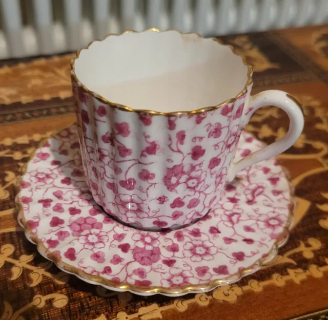 Spode Copeland Demitasse Cup And Saucer Set Pink Chintz 1875-1890 Vgc 2879