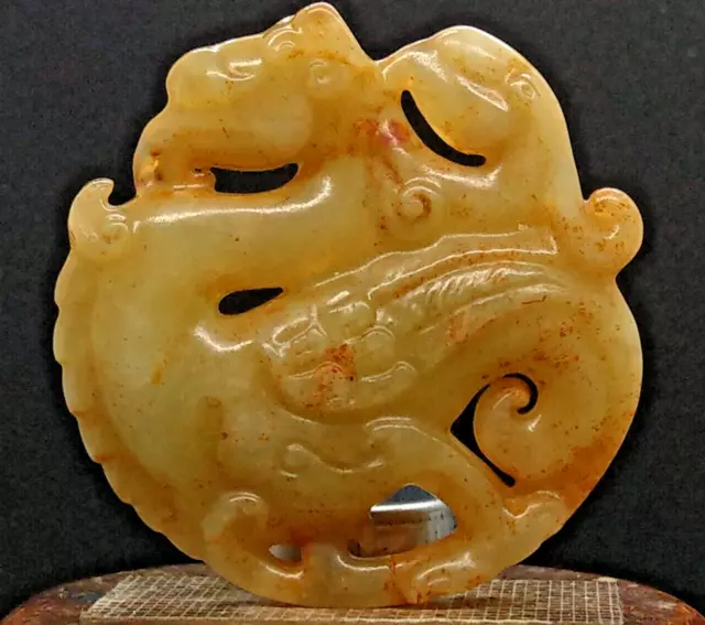 Ancien pendentif Sculpture de vieux Jade Hetian Dragon et Phoenix oiseau...