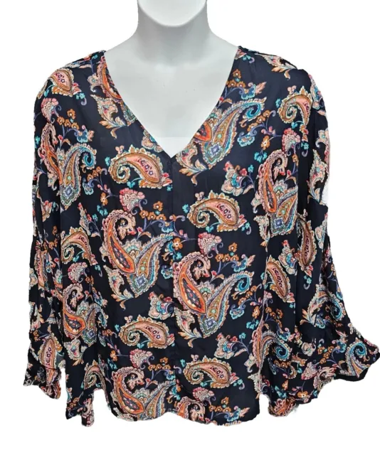 Curations Plus Size 3X Top  Mixed-Print Floral Paisley Blouse 3/4 Sleeve
