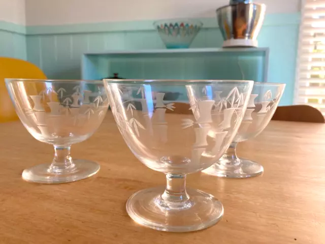 Vintage Crystal Dessert Compote Bowls Dishes x3 Bamboo Etched Design.