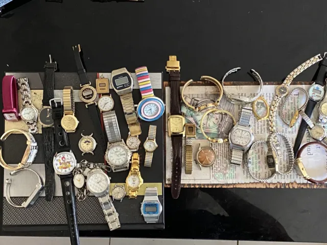 Vintage Watch Lot of 36 Quartz Mechanical all kinds Parts Repair Junk drawer