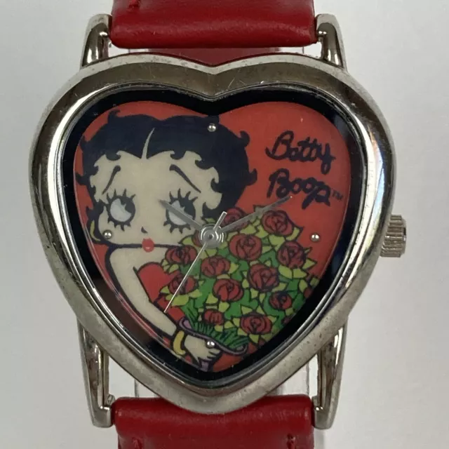 Vintage Betty Boop Watch Women Silver Tone Heart Dial Red Band New Battery 8.25" 2
