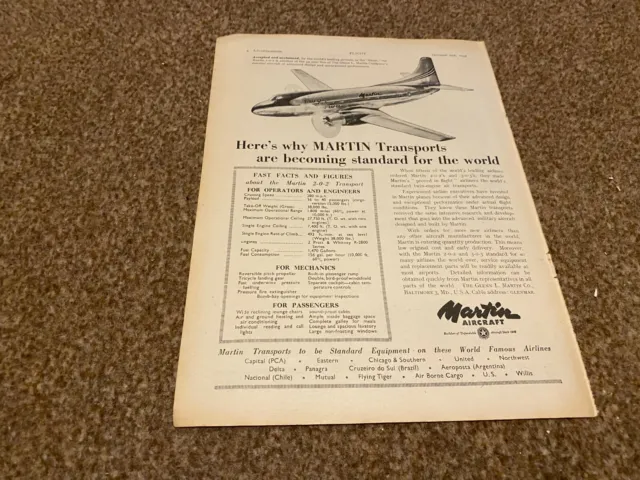 Ac22 Advert 11X8 Martin Aircraft - Capital. Chicago & Southern. United