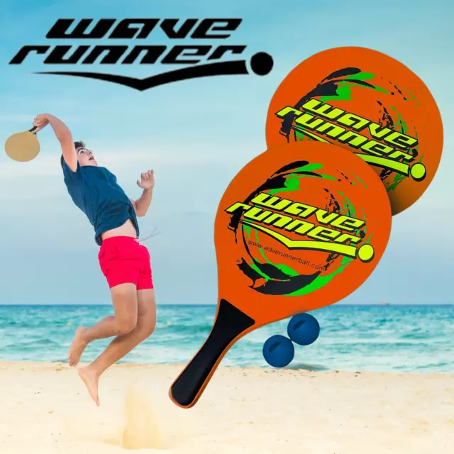 Wave Runner Sports Beach Paddles and PVC Balls Combo - 2 Authentic Wooden Paddle