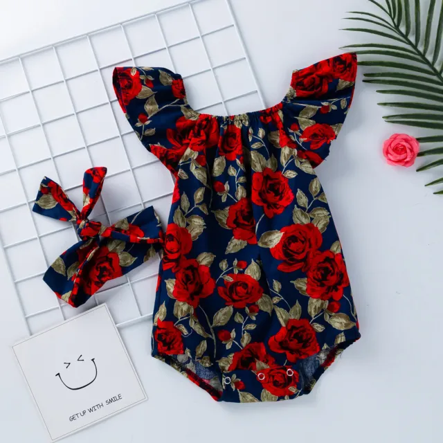Newborn Baby Rose Print Flutter Romper Girls Summer Jumpsuit Outfit Photo Shoots 3