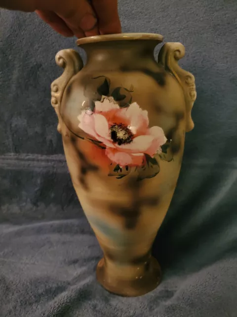 Exquisite Hand Painted Nippon Moriage Vase, Double Handles,  Roses & Gold, 12" 3