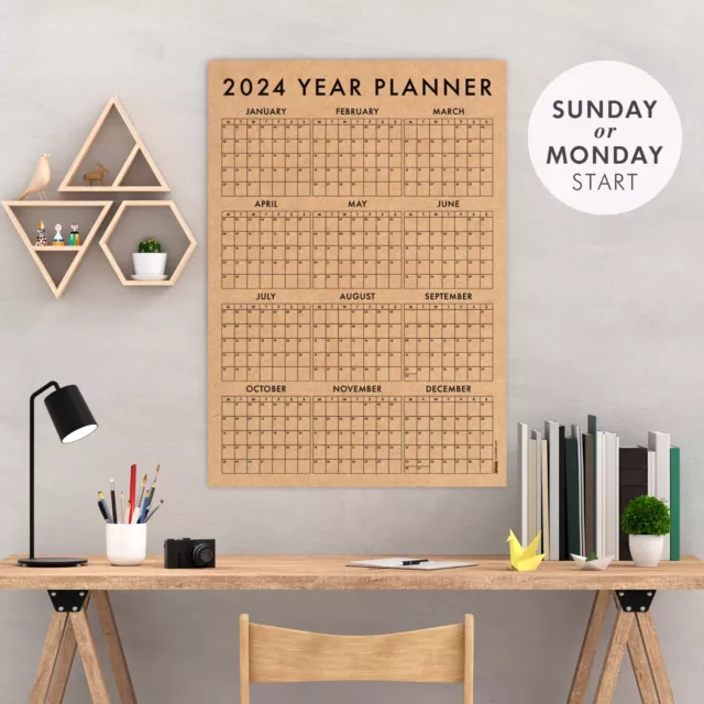 KRAFT Paper 2024 Year Planner, Minimal 2024 Wall Calendar, SUNDAY Start 35x50cm