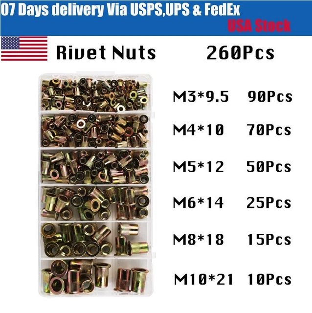 260 pcs Flat Head Rivet Nut Set Blind Rivet Nuts Threaded Rivet Insert Fasteners