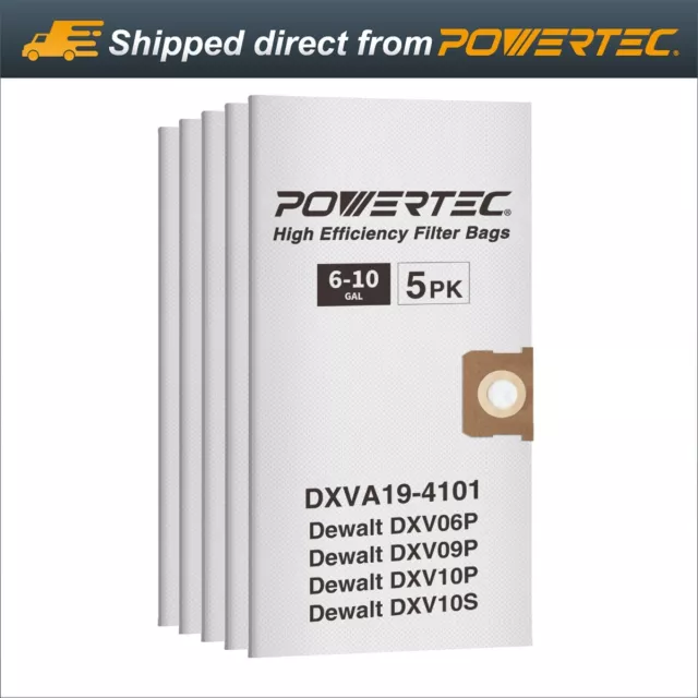 POWERTEC 75063 5 Pack Filter Bags for DXVA19-4101, fits DeWalt 6-10 Gal