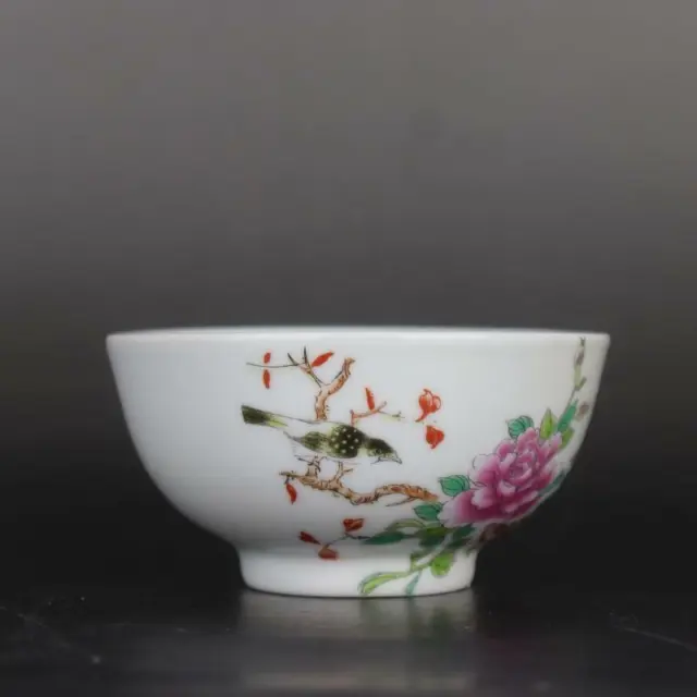 Chinese Famille Rose Porcelain Qing Qianlong Peony Bird Design Bowl 4.1 inch