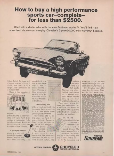 Print Ad 1966 Chrysler Sunbeam Alpine V 1725 cc High Performance Sports Car