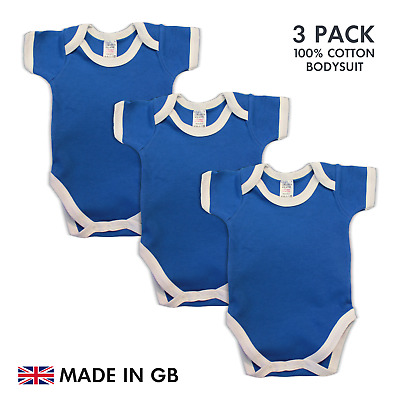 Baby Bodysuit 3 PACK Royal Blue/White Trim Blank Babygrow Vest Short Sleeve UK