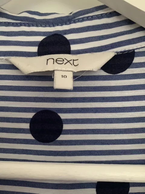 NEXT shirt Navy Blue Spot White Stripe Ladies Lightweight blouse Size UK 10