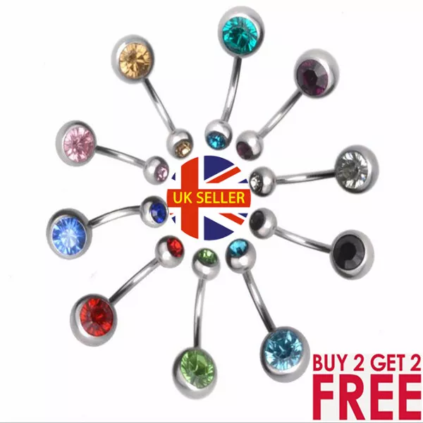 Surgical Steel  Belly Bar Navel Button Ring Double Crystal Body Piercing